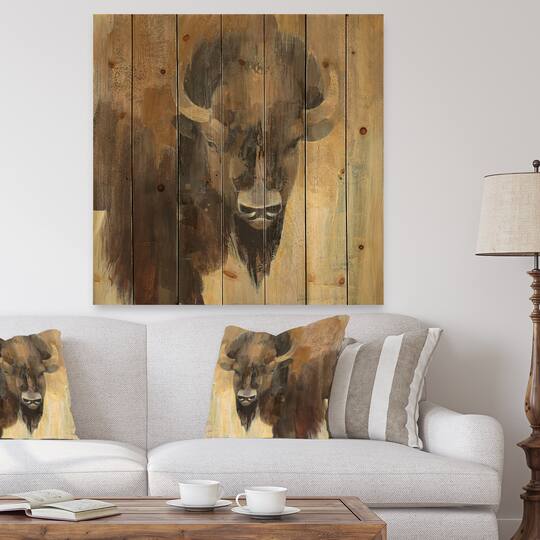 Designart - Into the Wild Gold Buffalo - Modern Farmhouse Print on Natural Pine Wood
